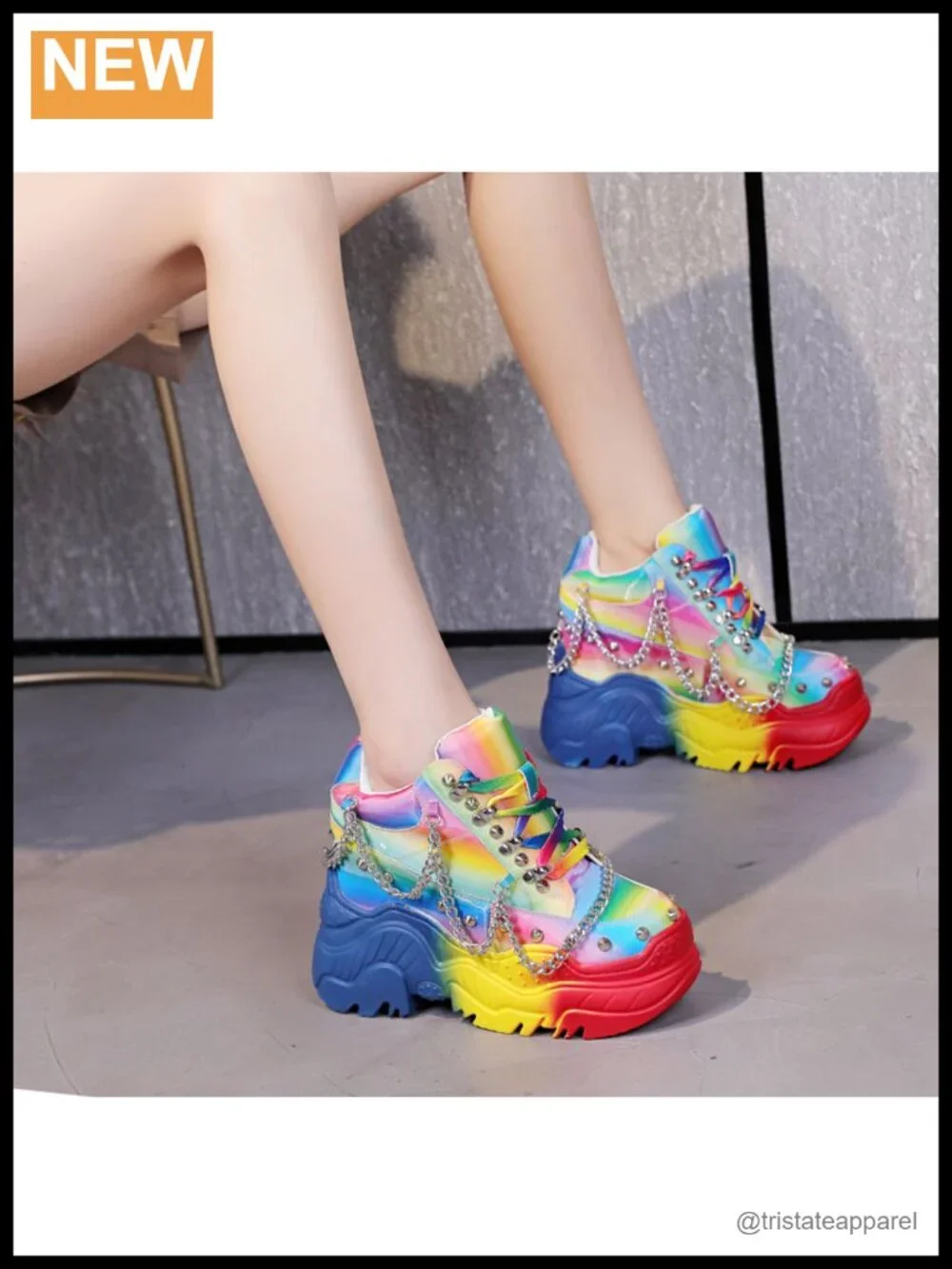 Genuine Leather Platform Sneakers Hidden Heel Chain Rivet Lace Up Women